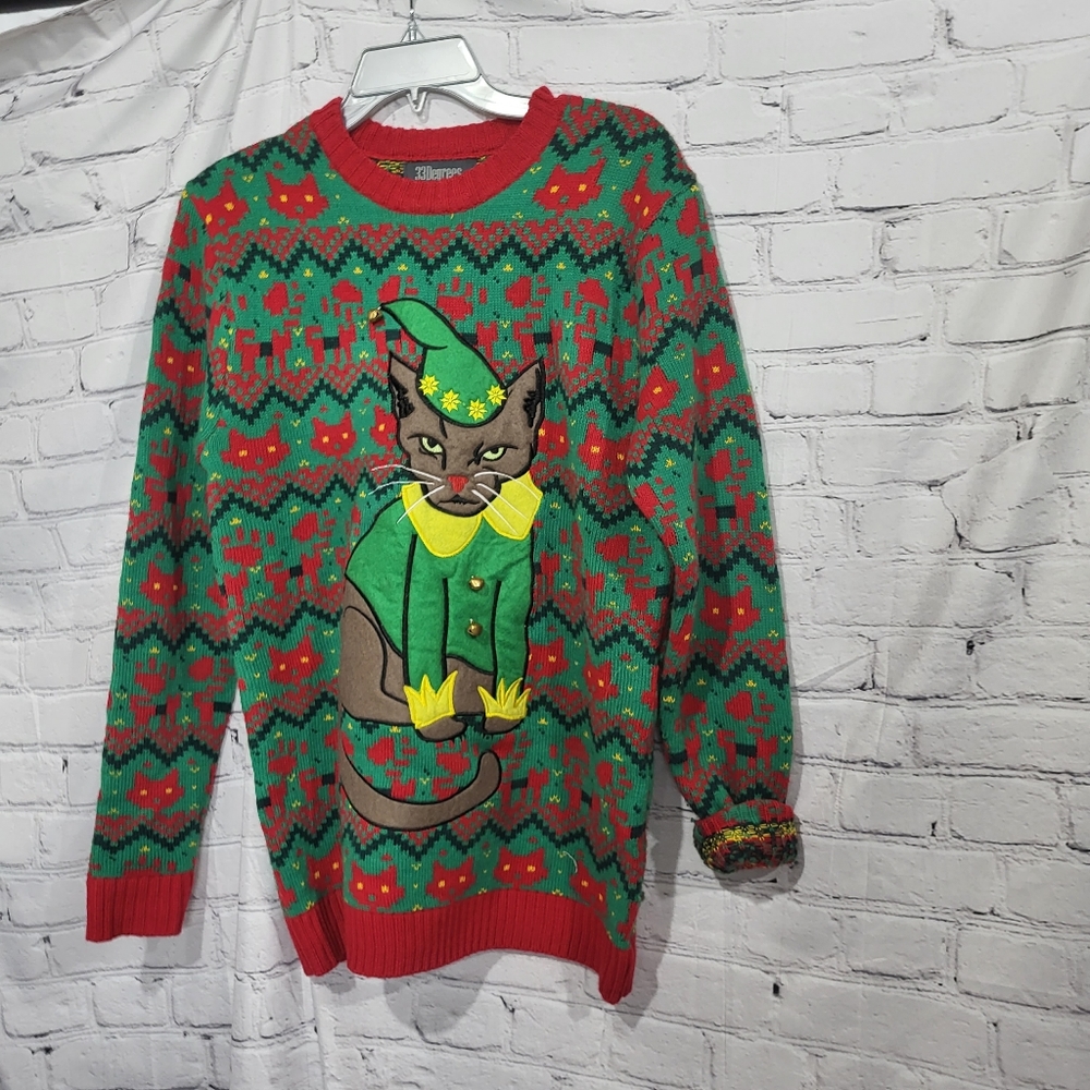 33 Degrees Cat Ugly Christmas Sweater Elf Cat. Grumpy Cat